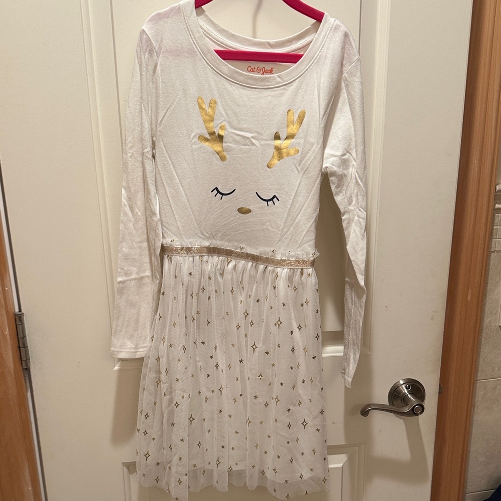 Cat & Jack White Dress with Gold Reindeer Design
